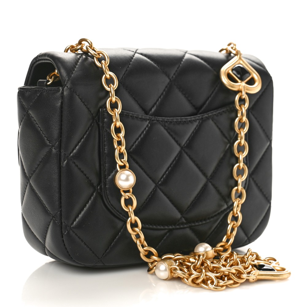 Lambskin Enamel Pearl Quilted Mini Charm Me Square Flap Black