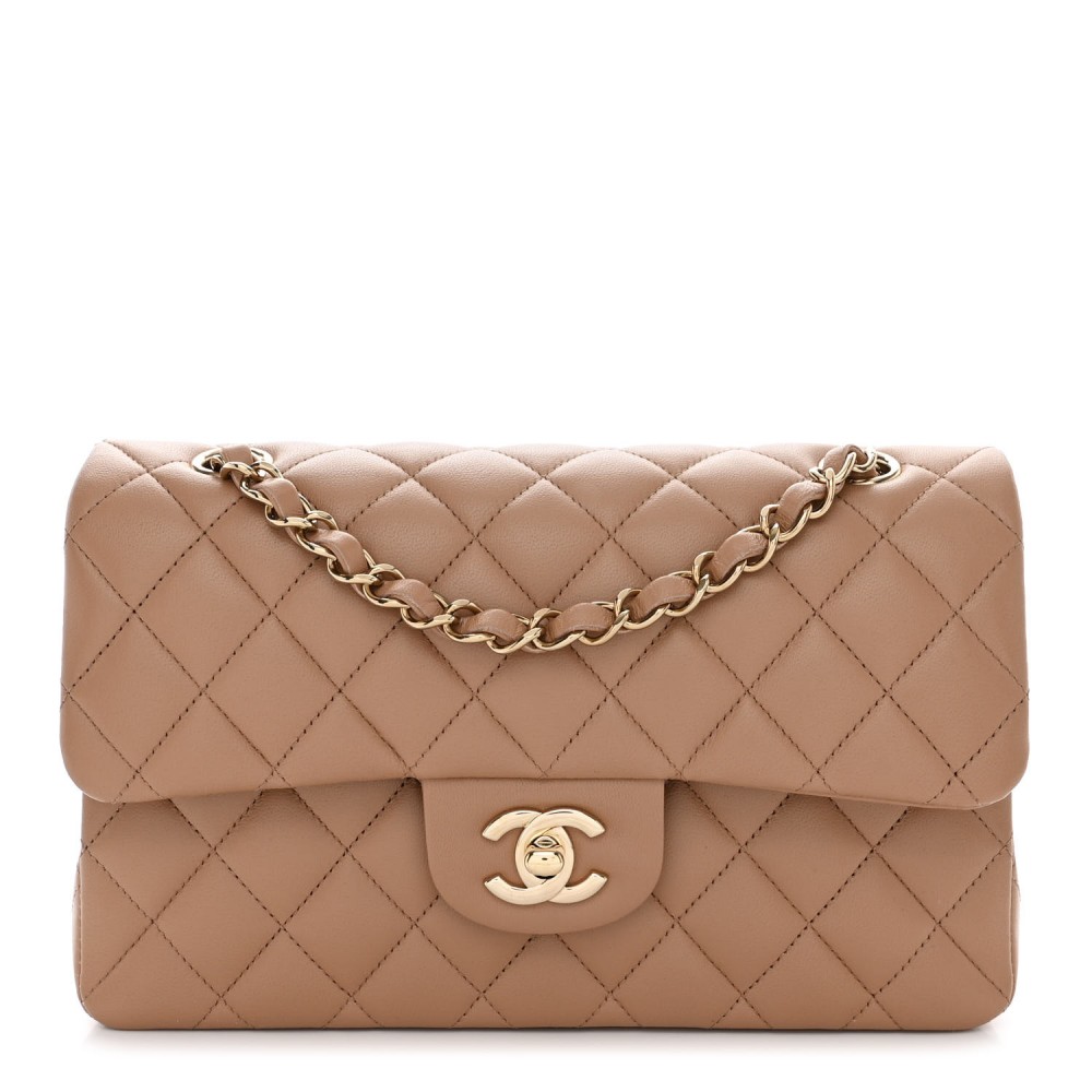 Lambskin Quilted Small Double Flap Beige