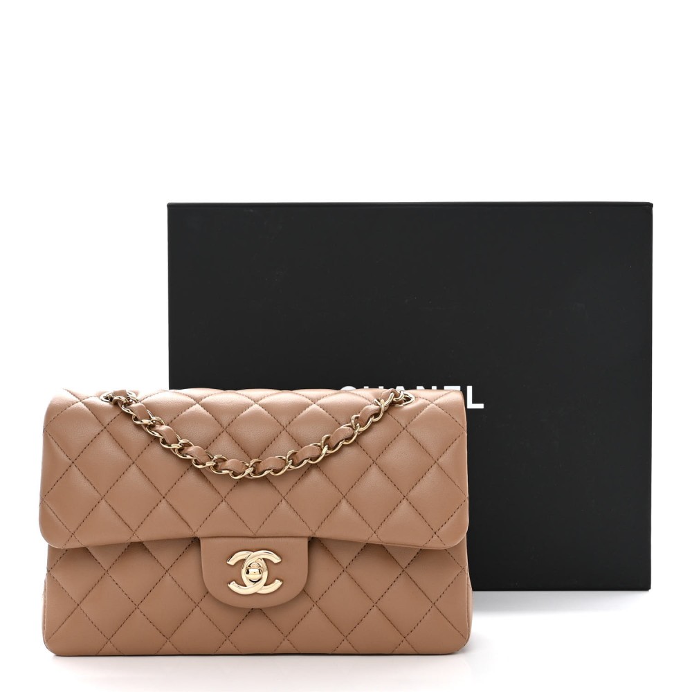 Lambskin Quilted Small Double Flap Beige