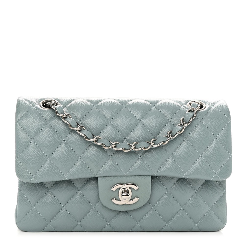 Caviar Quilted Small Double Flap Light Blue