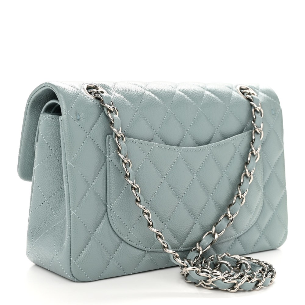 Caviar Quilted Small Double Flap Light Blue