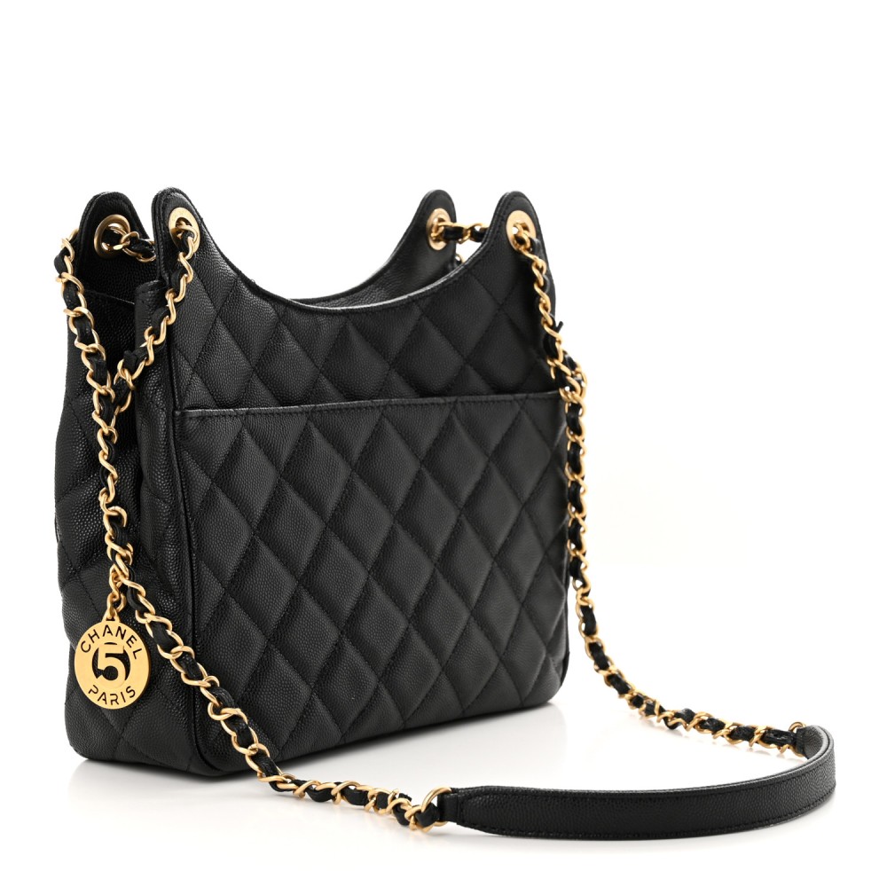 Caviar Quilted Wavy CC Hobo Black