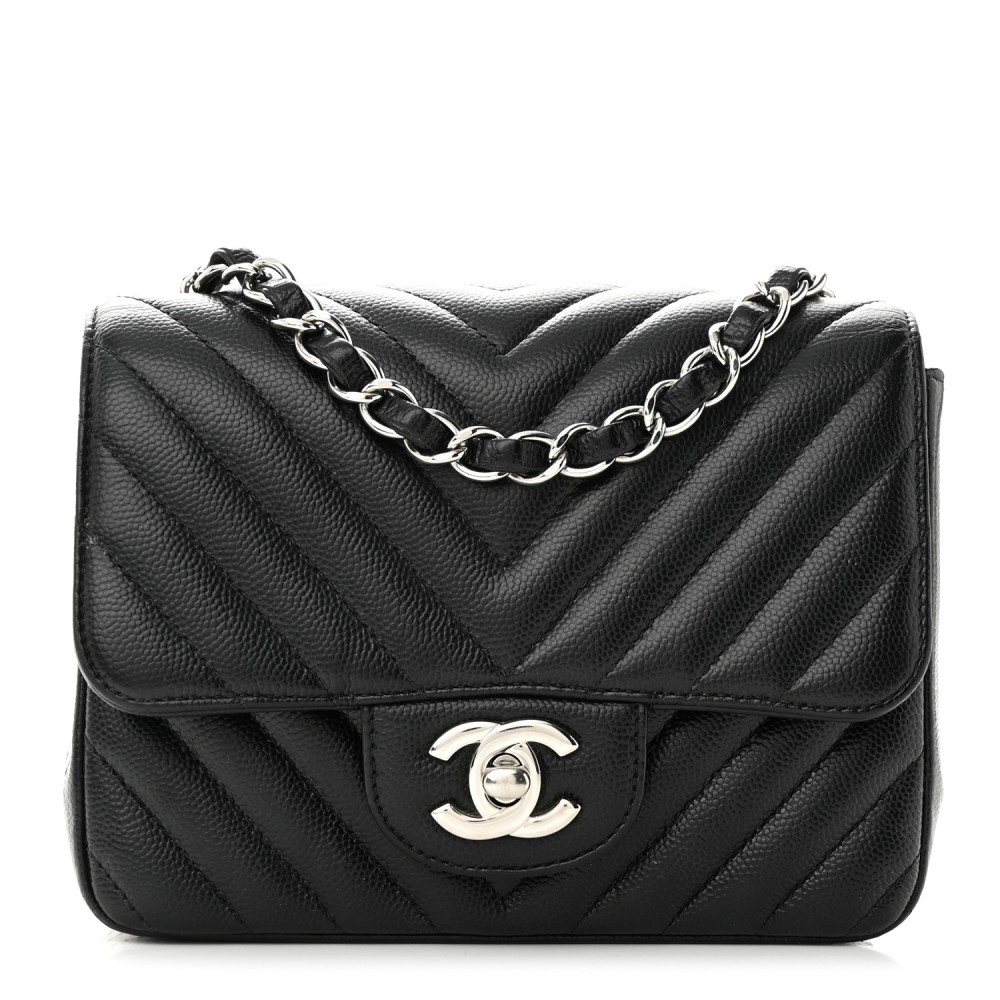 Caviar Chevron Quilted Mini Square Flap Black