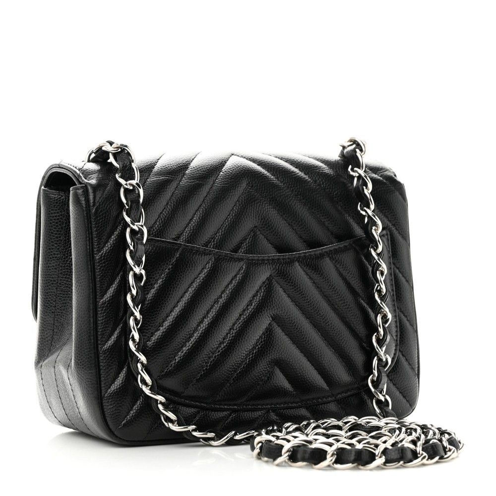 Caviar Chevron Quilted Mini Square Flap Black