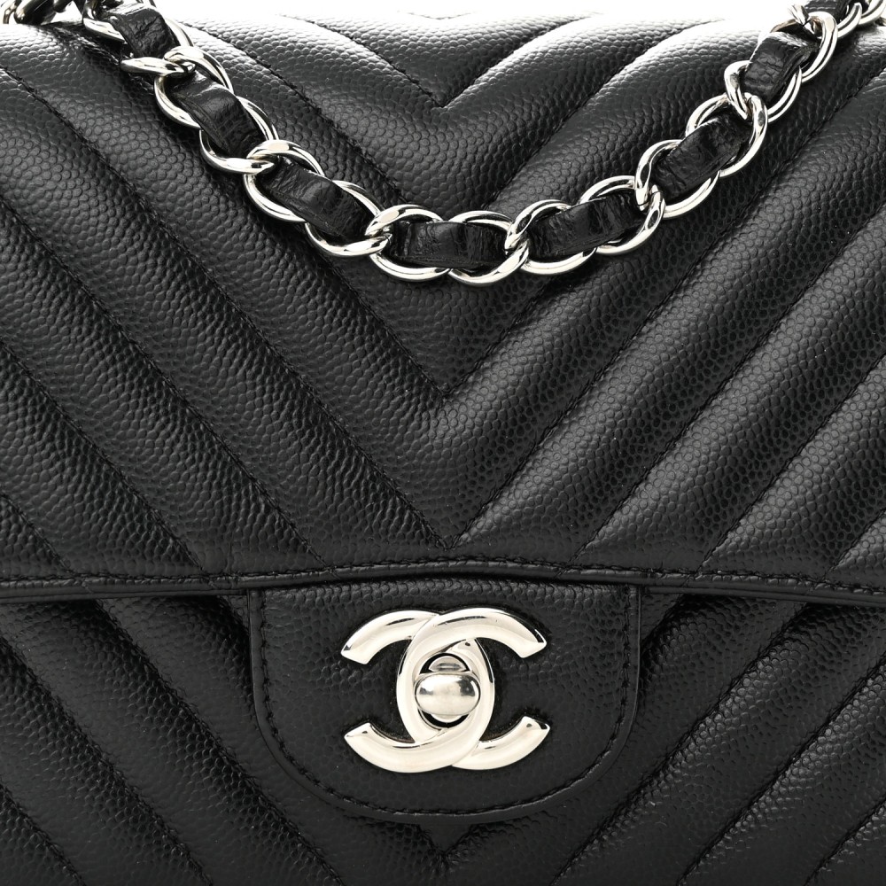 Caviar Chevron Quilted Mini Square Flap Black