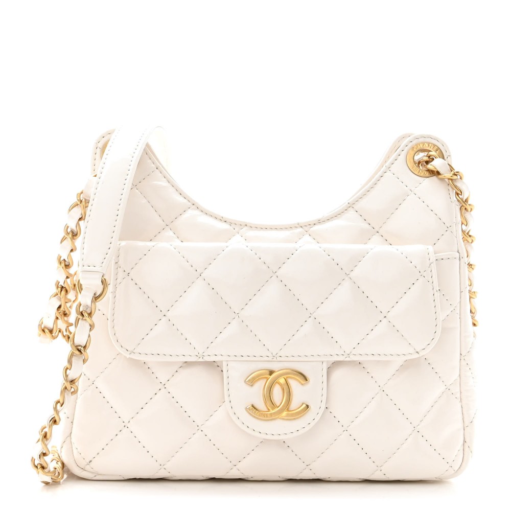 Shiny Crumpled Calfskin Quilted Small Wavy CC Hobo White