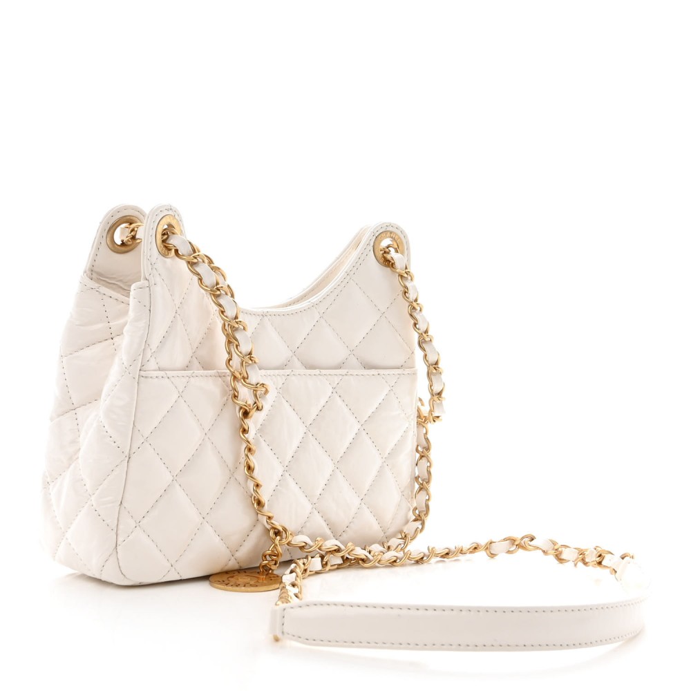 Shiny Crumpled Calfskin Quilted Small Wavy CC Hobo White