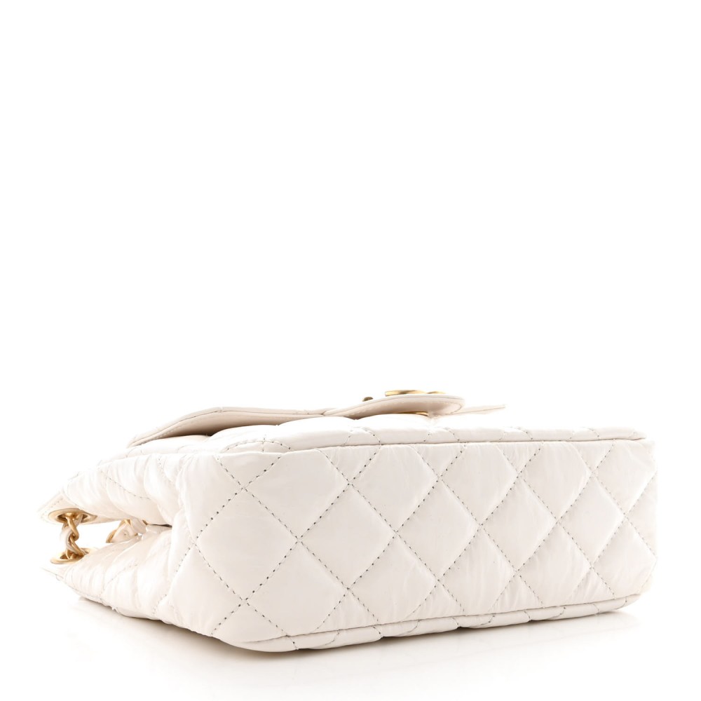 Shiny Crumpled Calfskin Quilted Small Wavy CC Hobo White