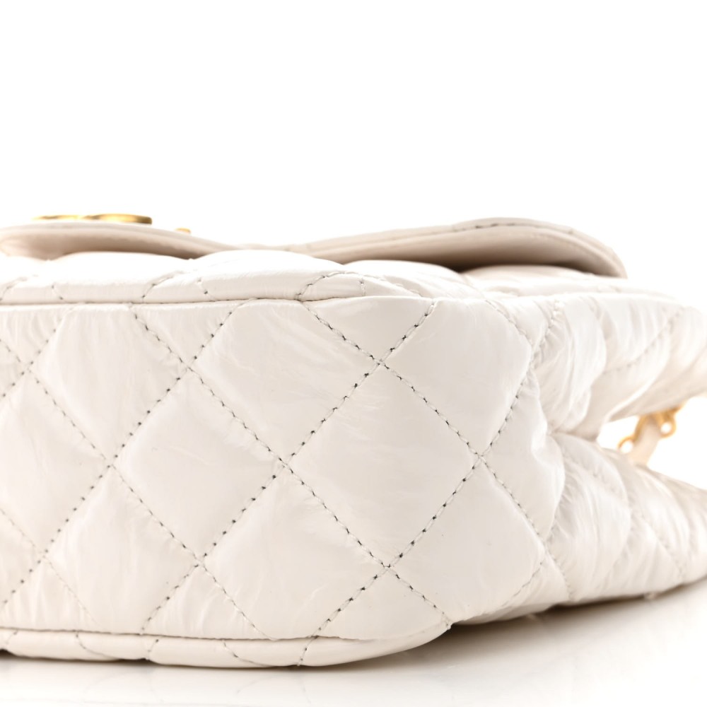 Shiny Crumpled Calfskin Quilted Small Wavy CC Hobo White