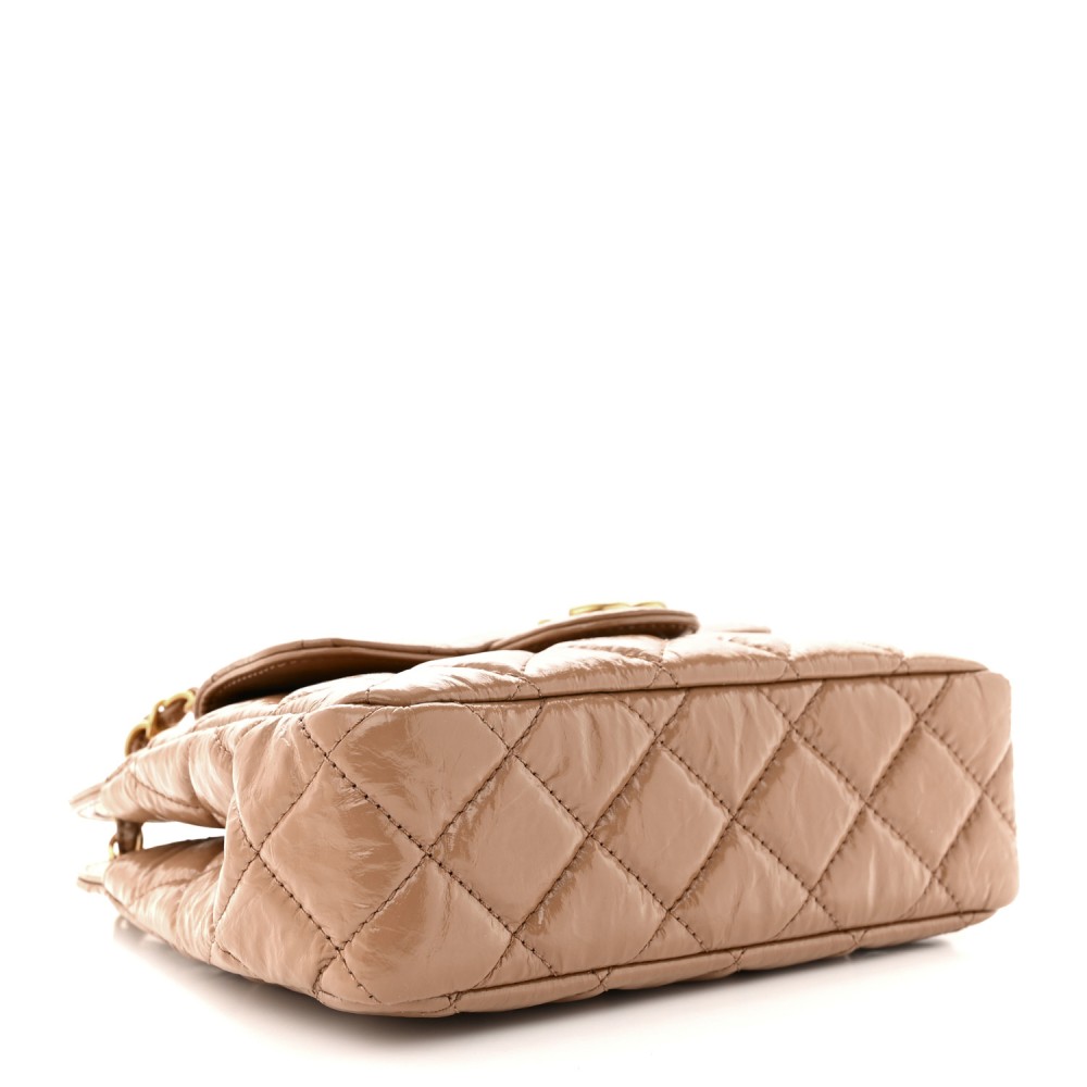 Shiny Crumpled Calfskin Quilted Small Wavy CC Hobo Dark Beige