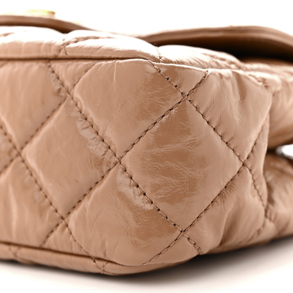 Shiny Crumpled Calfskin Quilted Small Wavy CC Hobo Dark Beige