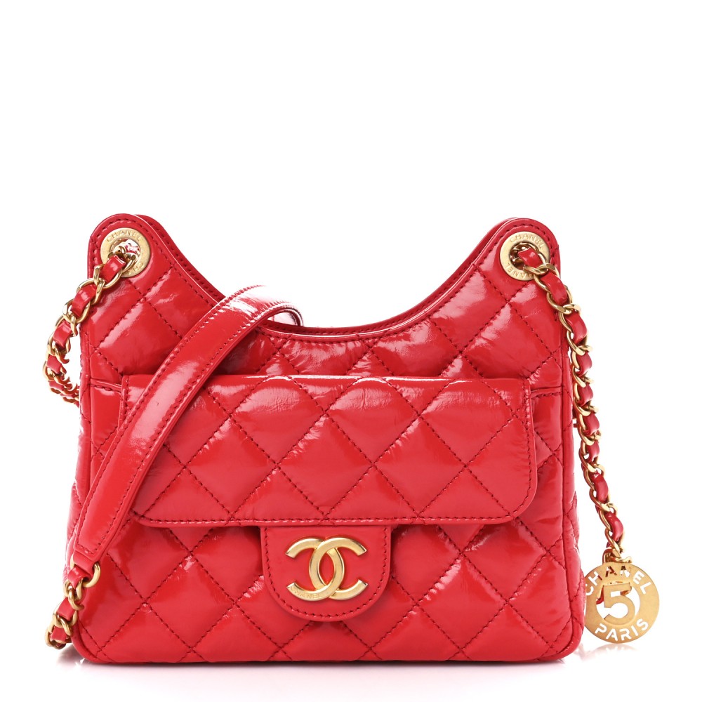 Shiny Crumpled Calfskin Quilted Small Wavy CC Hobo Red