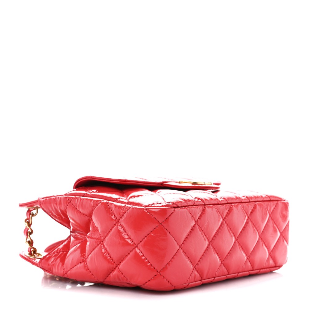 Shiny Crumpled Calfskin Quilted Small Wavy CC Hobo Red