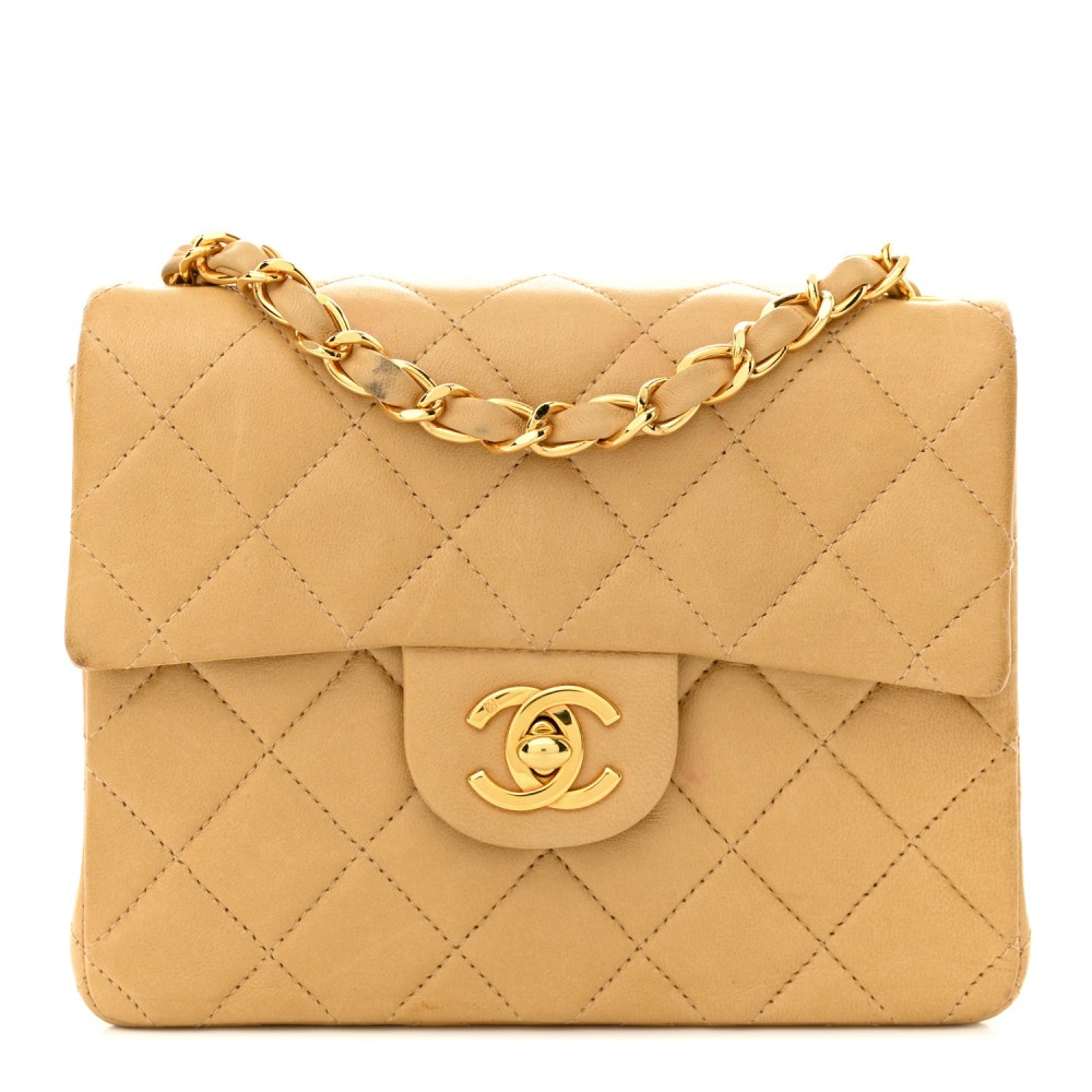 Lambskin Quilted Mini Square Flap Beige