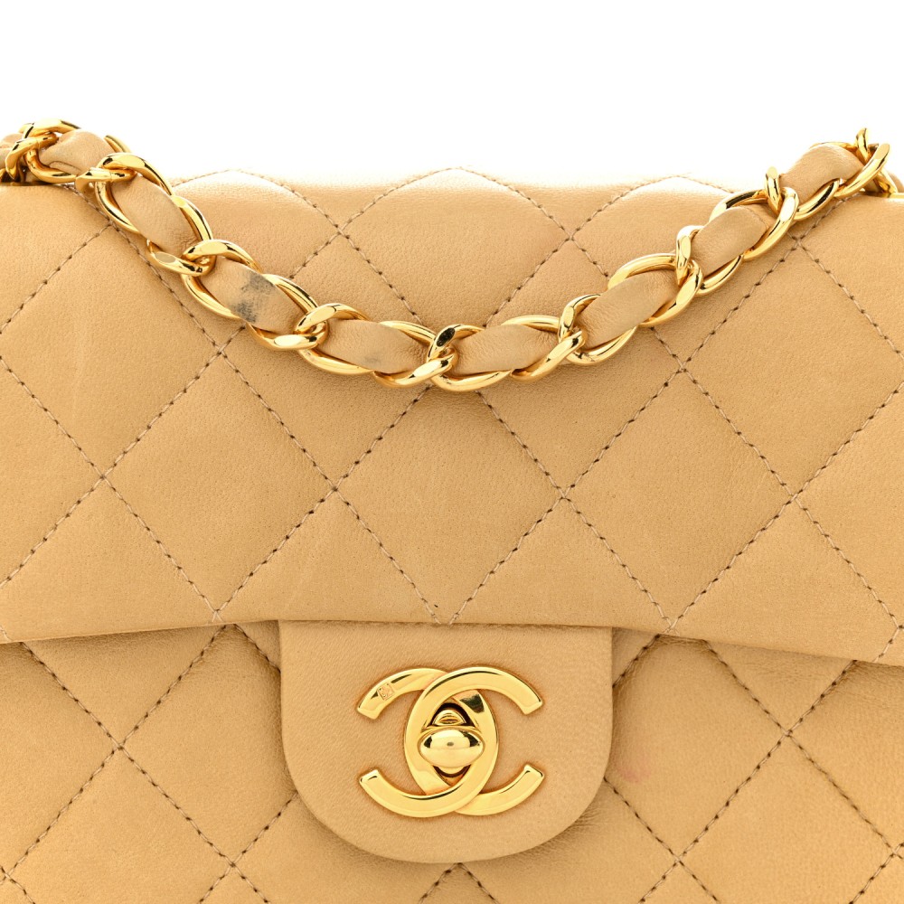 Lambskin Quilted Mini Square Flap Beige