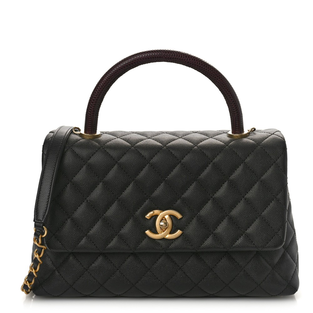 Caviar Lizard Quilted Small Coco Handle Flap Black