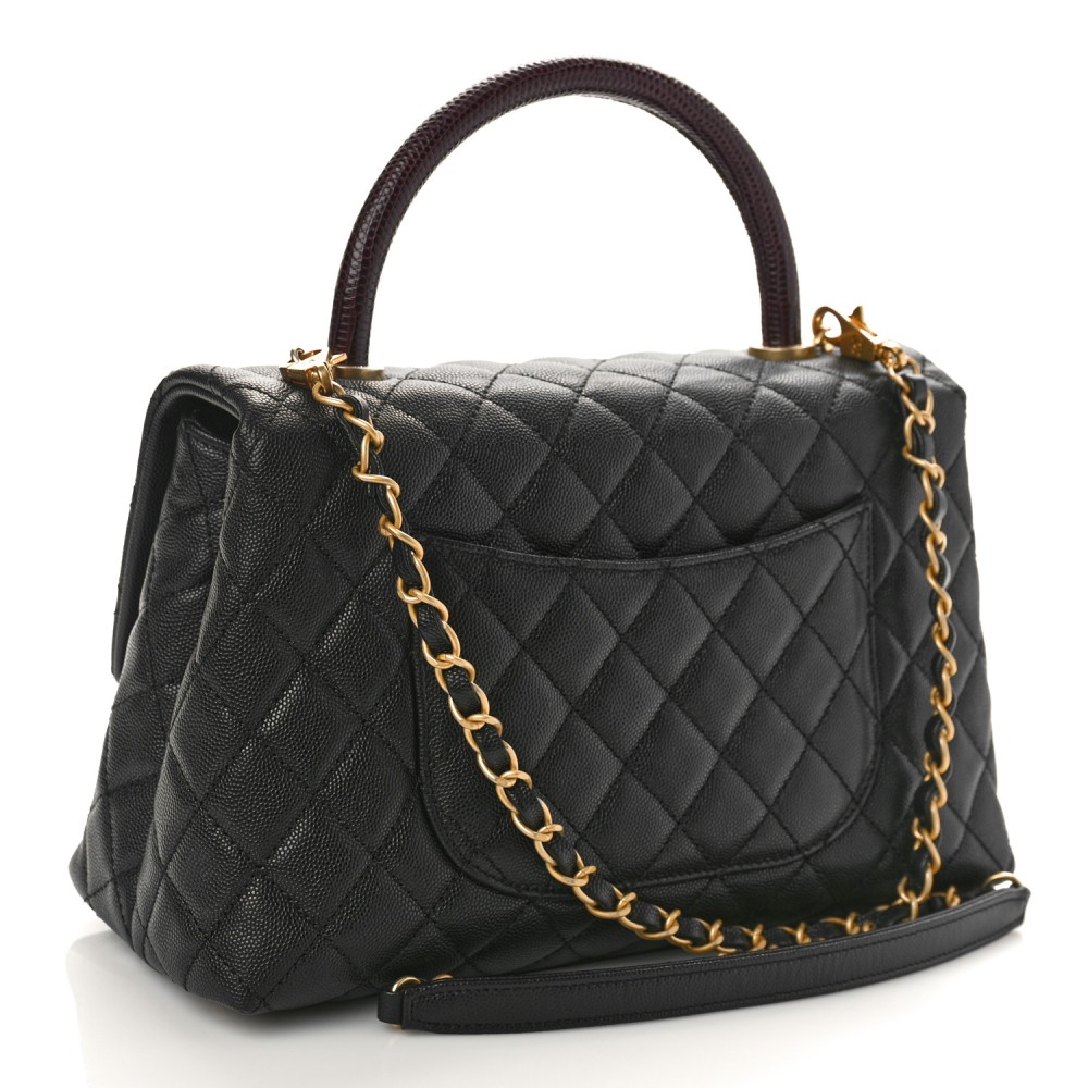 Caviar Lizard Quilted Small Coco Handle Flap Black