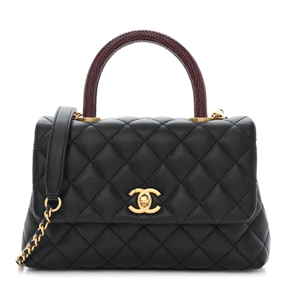 Caviar Lizard Quilted Mini Coco Handle Flap Black