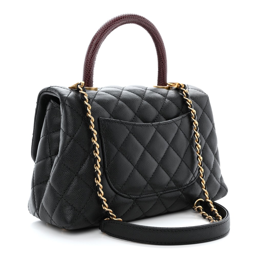 Caviar Lizard Quilted Mini Coco Handle Flap Black