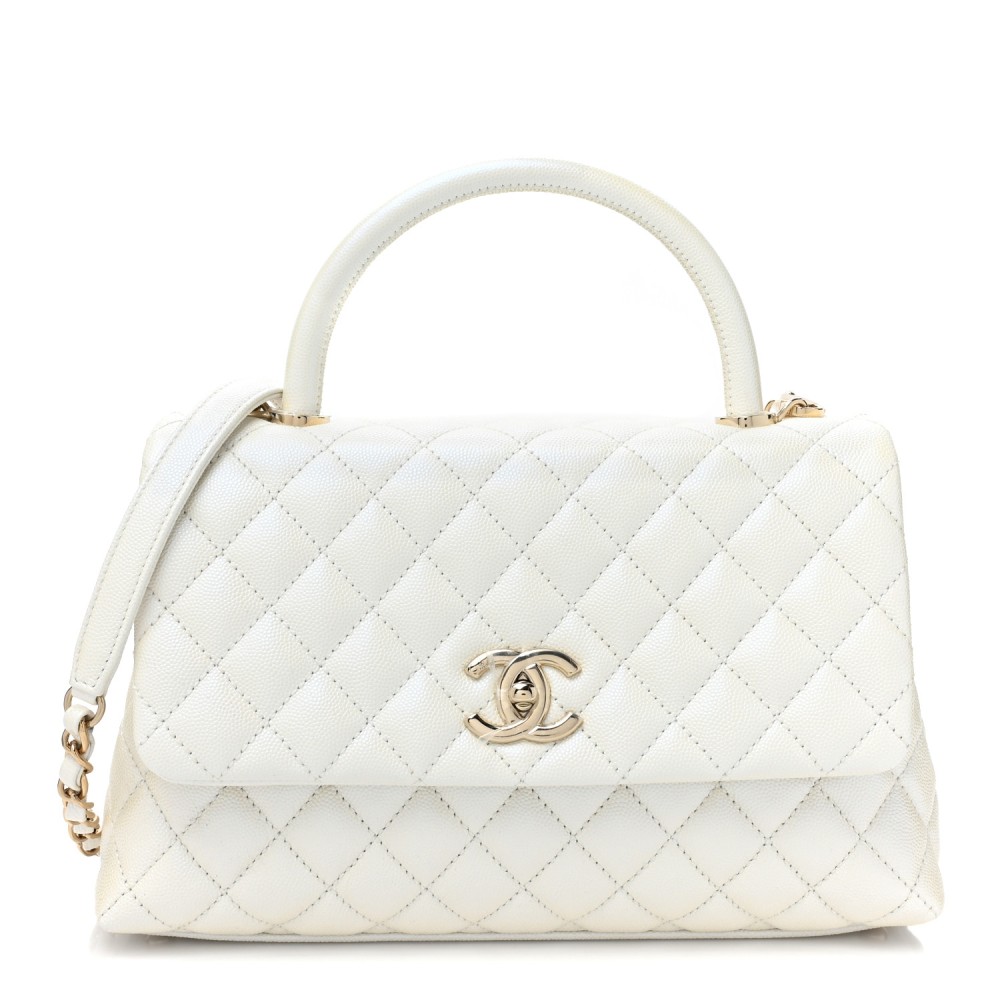 Iridescent Caviar Quilted Small Coco Handle Flap White