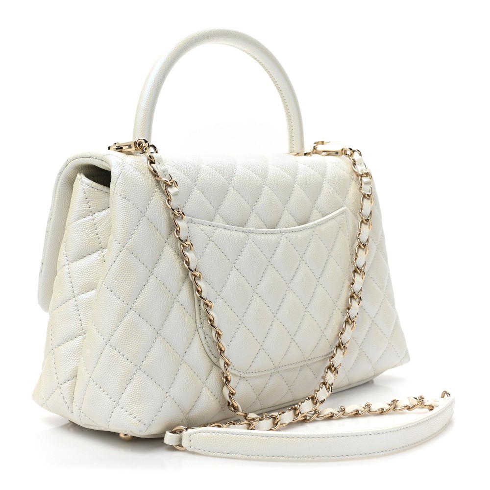 Iridescent Caviar Quilted Small Coco Handle Flap White