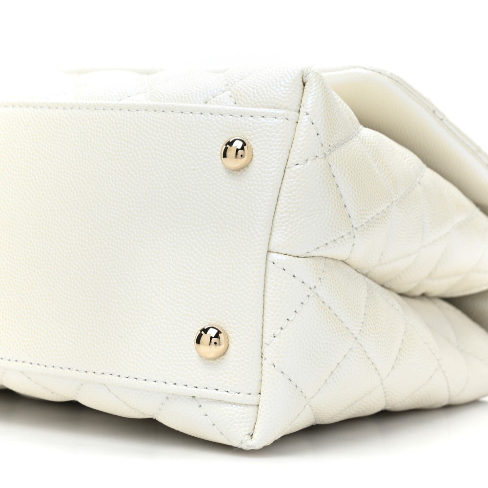 Iridescent Caviar Quilted Small Coco Handle Flap White