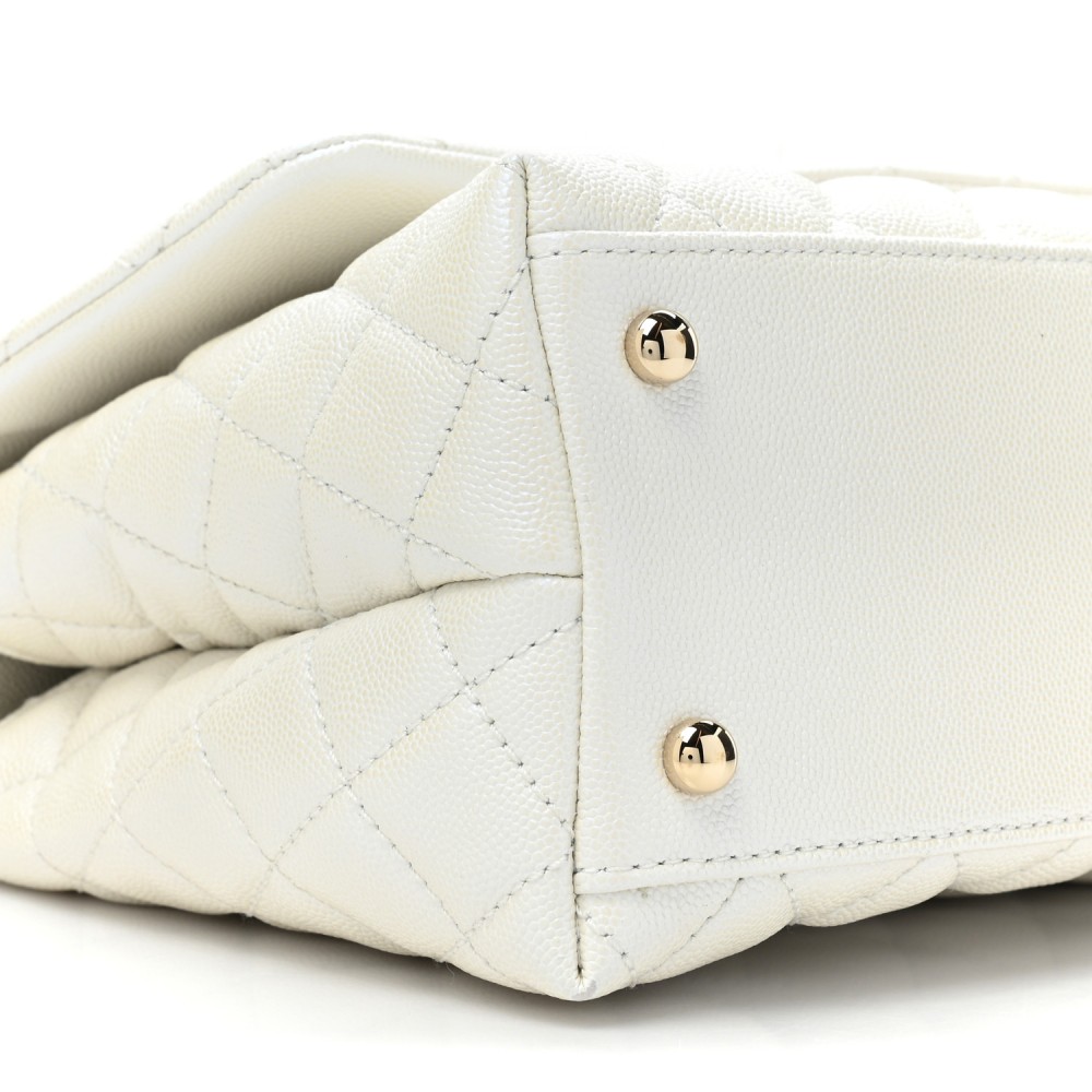 Iridescent Caviar Quilted Small Coco Handle Flap White