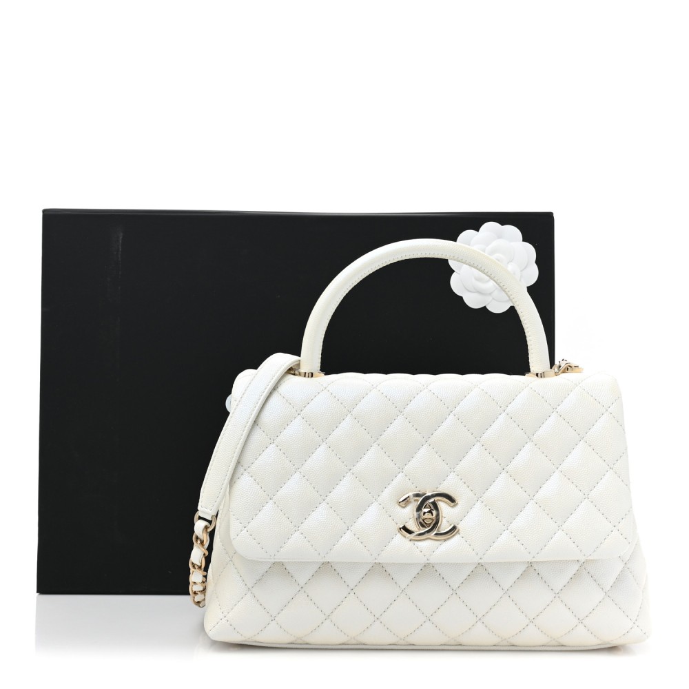 Iridescent Caviar Quilted Small Coco Handle Flap White