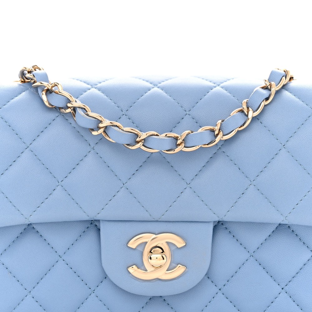 Lambskin Quilted Mini Rectangular Flap Light Blue