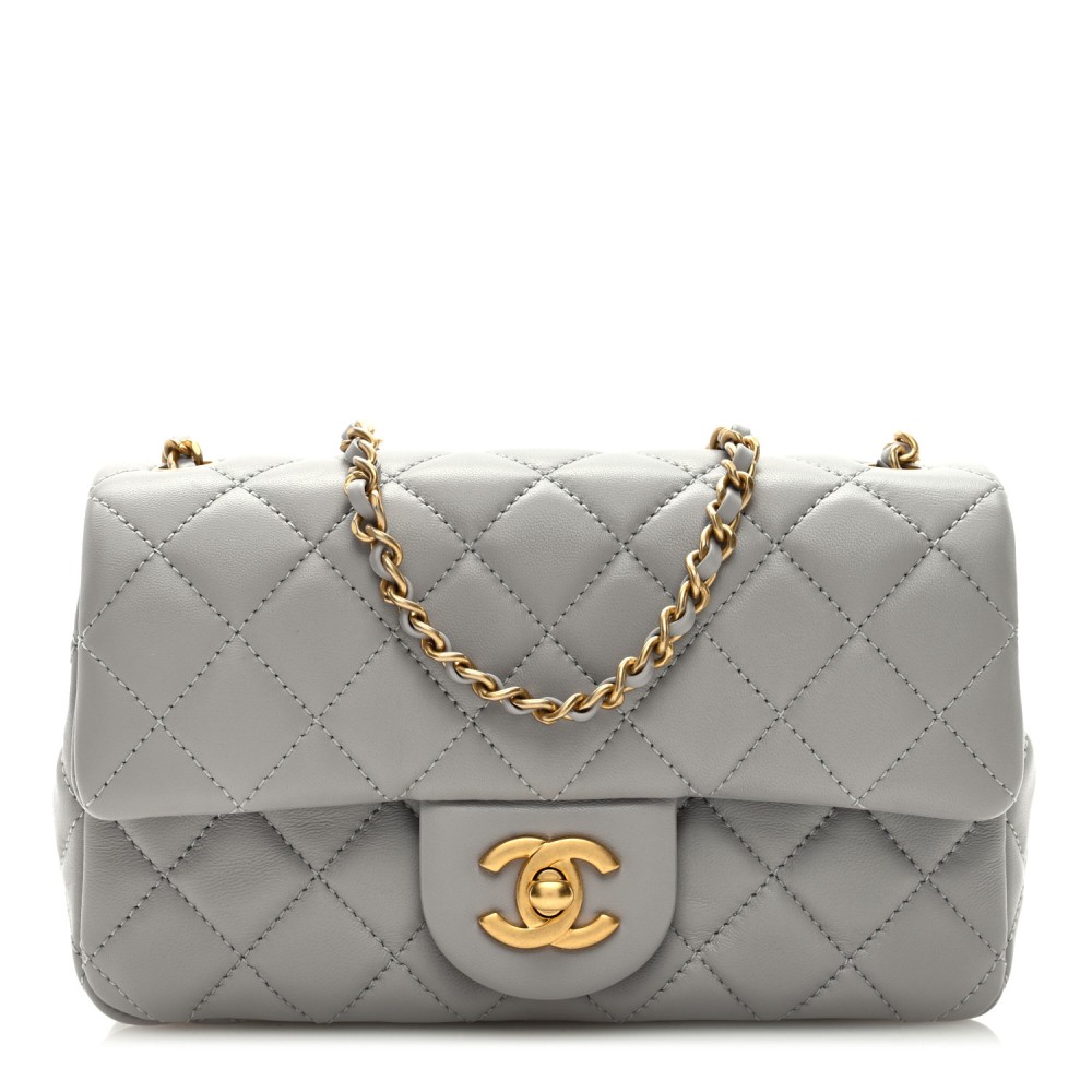 Lambskin Quilted Mini Rectangular Pearl Crush Flap Grey