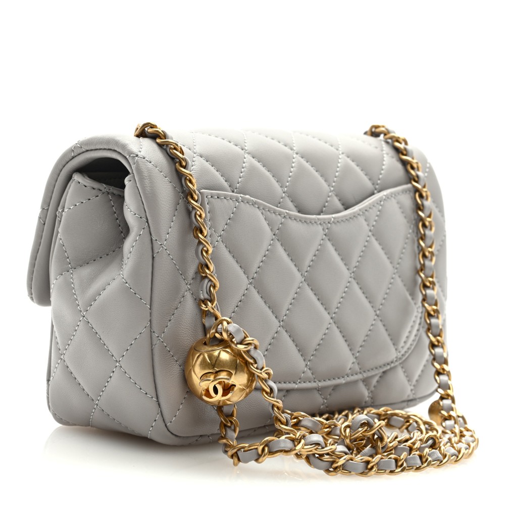 Lambskin Quilted Mini Rectangular Pearl Crush Flap Grey