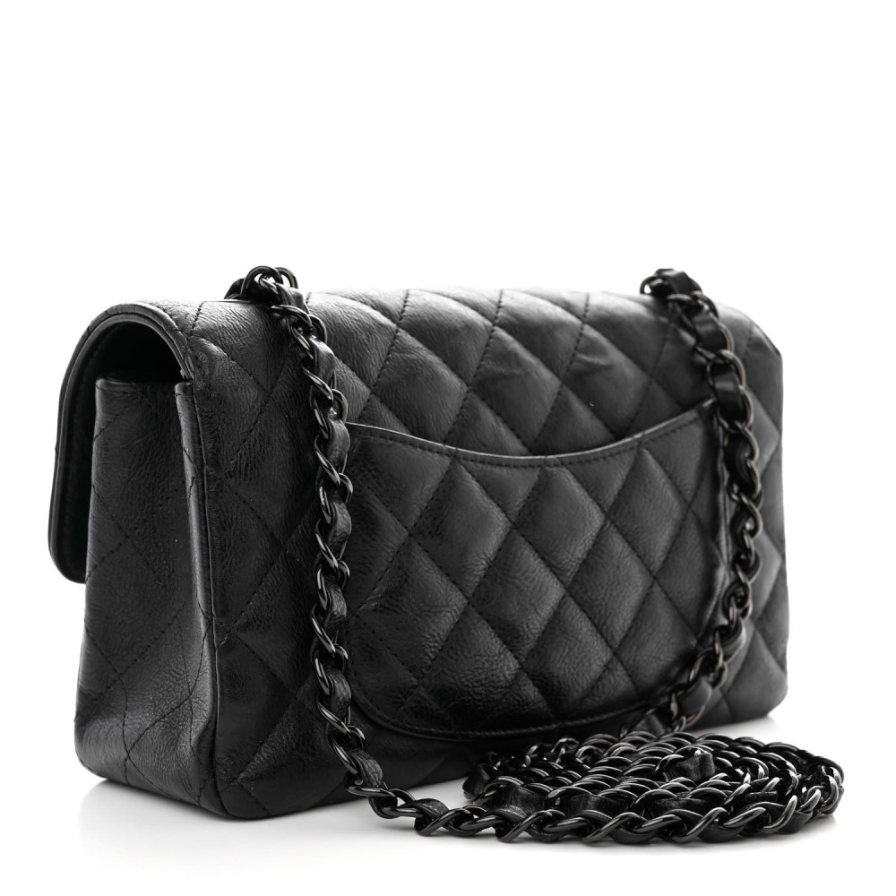 Crumpled Calfskin Quilted Mini Rectangular Flap So Black