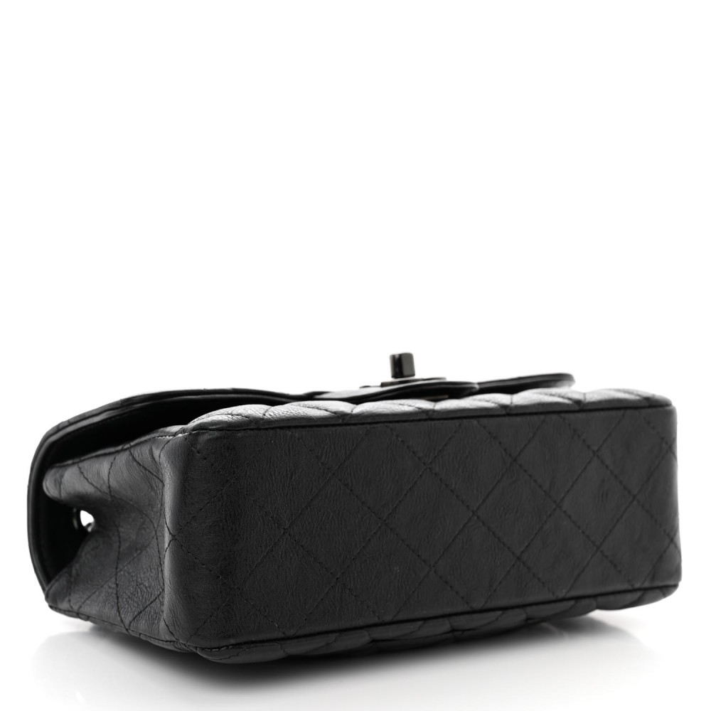 Crumpled Calfskin Quilted Mini Rectangular Flap So Black