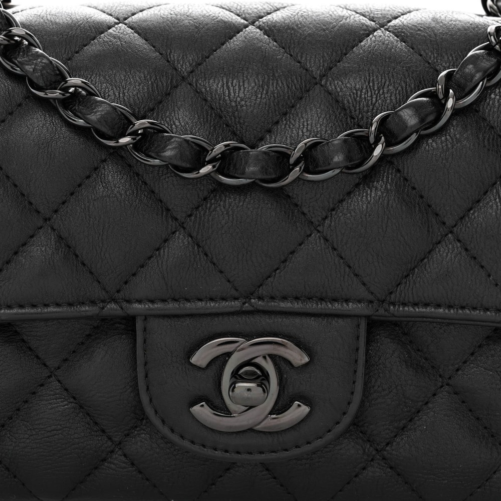 Crumpled Calfskin Quilted Mini Rectangular Flap So Black