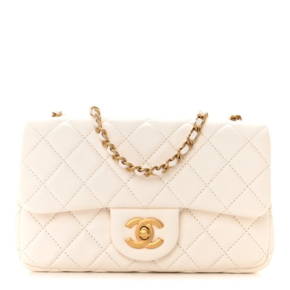 Lambskin Quilted Mini Rectangular Pearl Crush Flap White