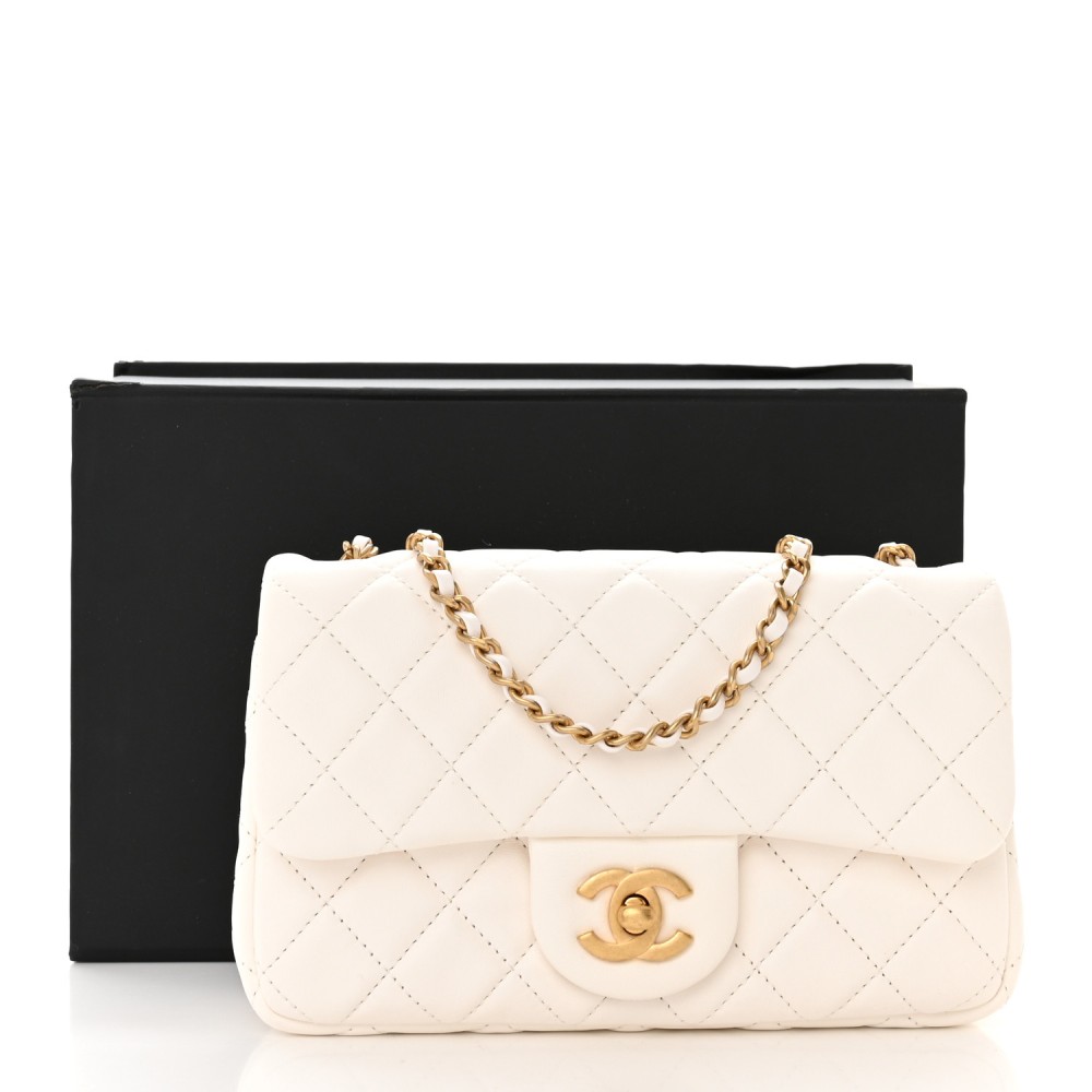 Lambskin Quilted Mini Rectangular Pearl Crush Flap White