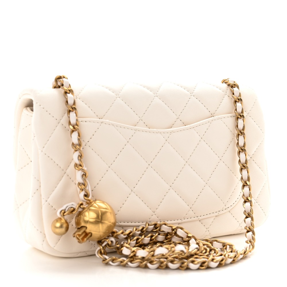 Lambskin Quilted Mini Rectangular Pearl Crush Flap White