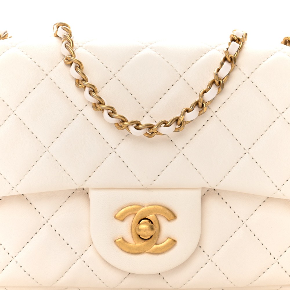 Lambskin Quilted Mini Rectangular Pearl Crush Flap White