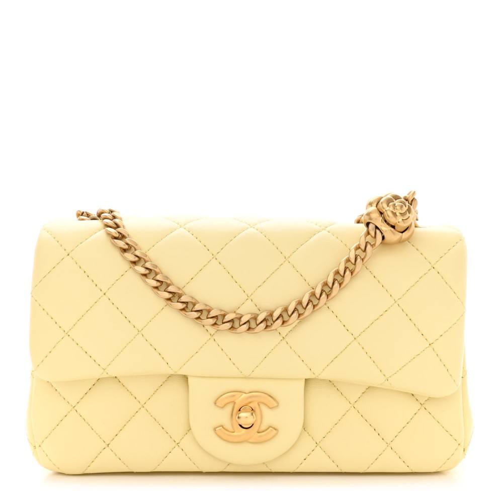 Lambskin Quilted Mini Rectangular Sweet Camellia Flap Yellow