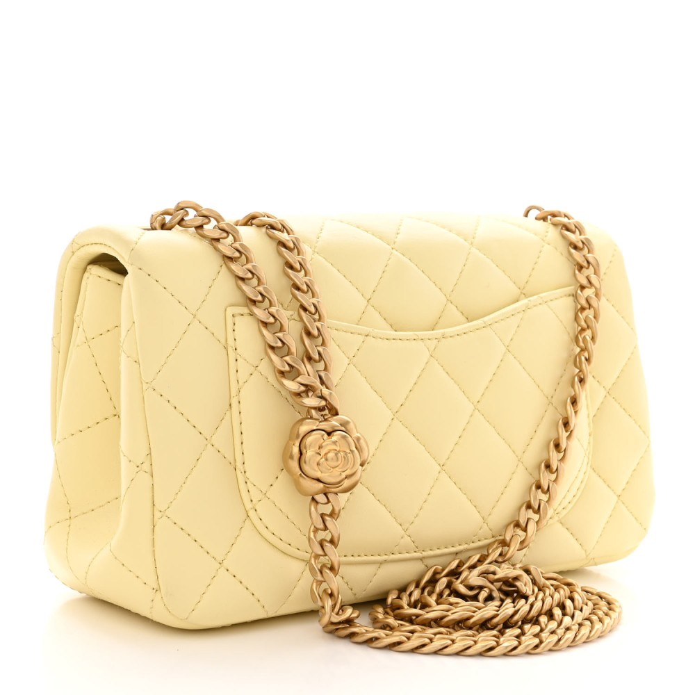 Lambskin Quilted Mini Rectangular Sweet Camellia Flap Yellow