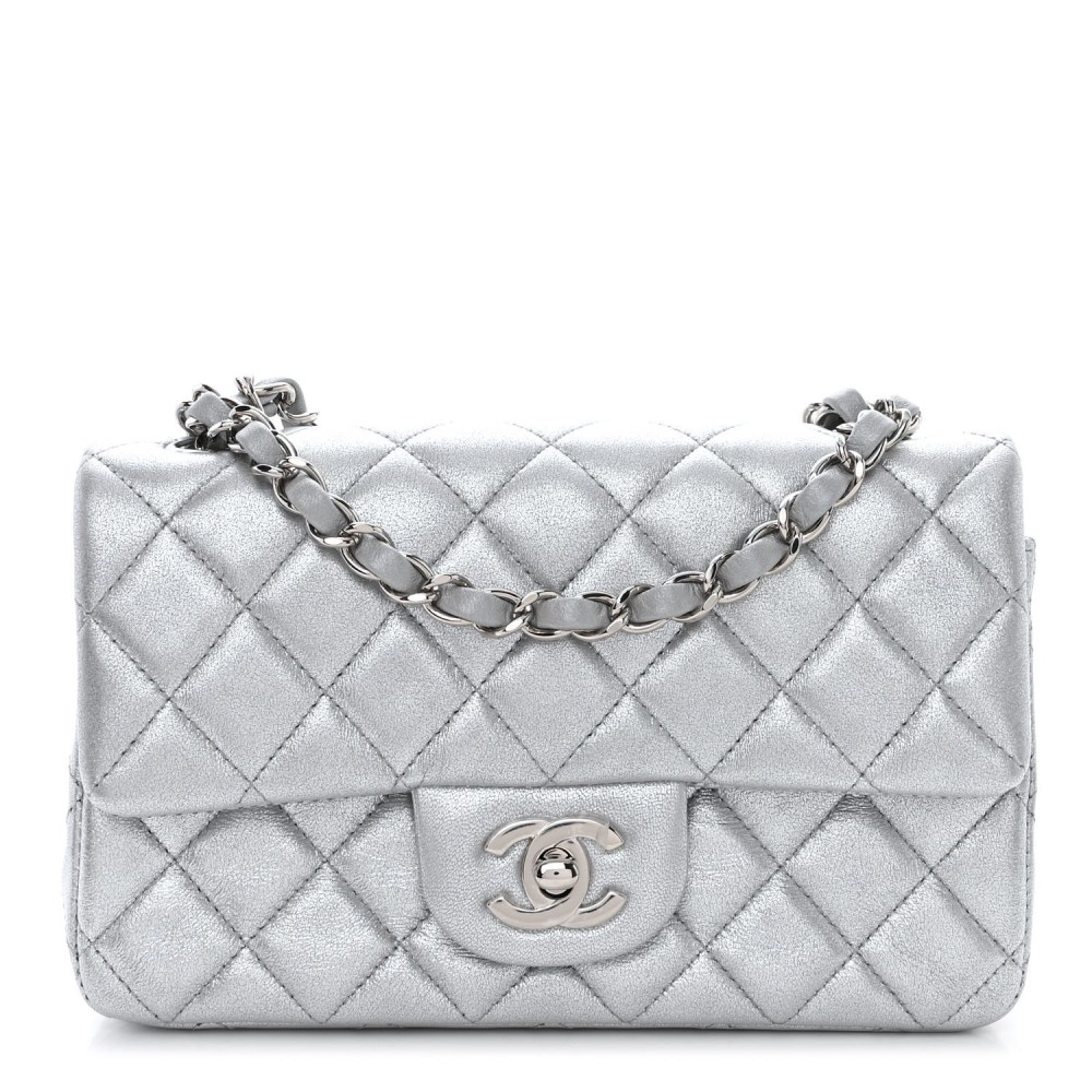 Metallic Lambskin Quilted Mini Rectangular Flap Silver