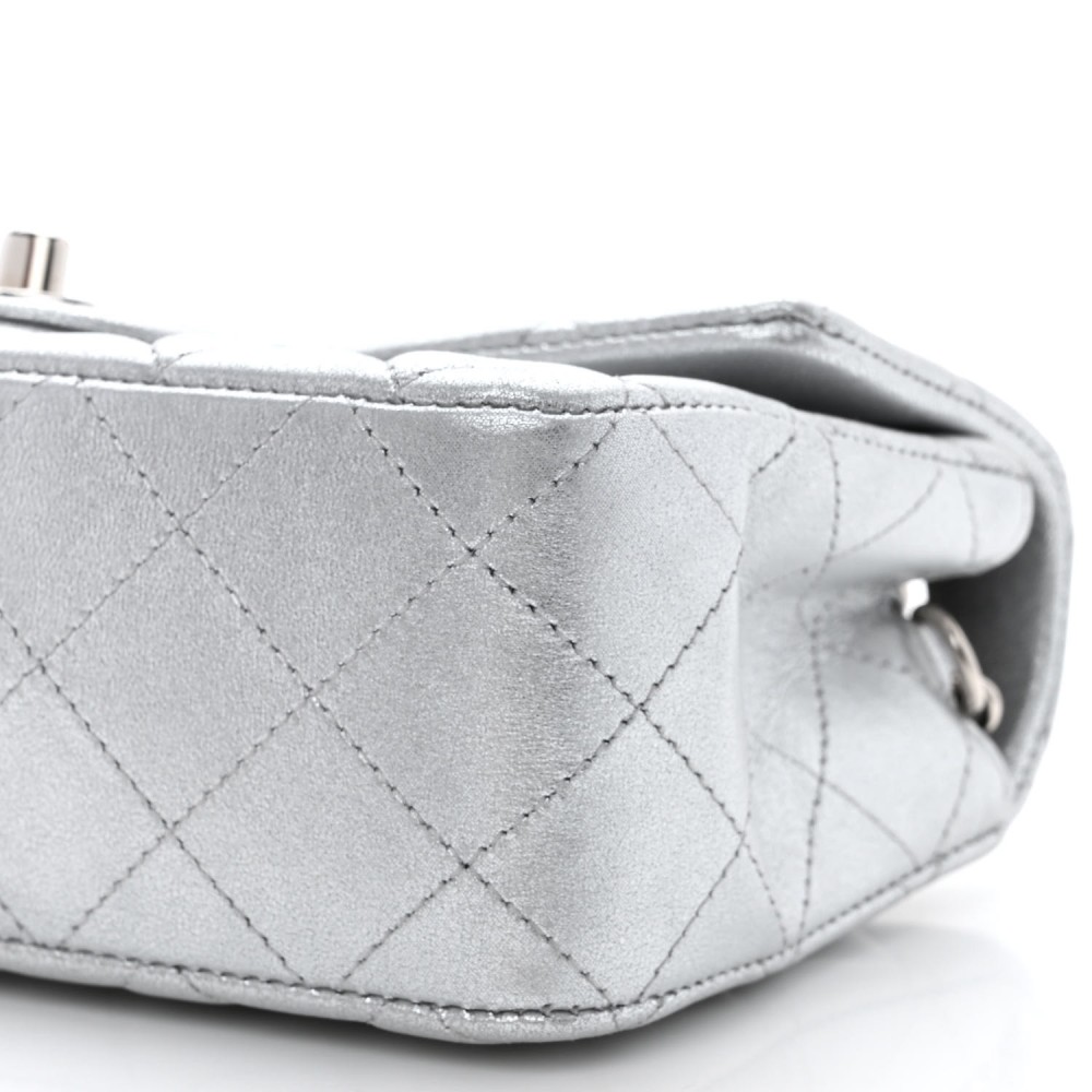 Metallic Lambskin Quilted Mini Rectangular Flap Silver