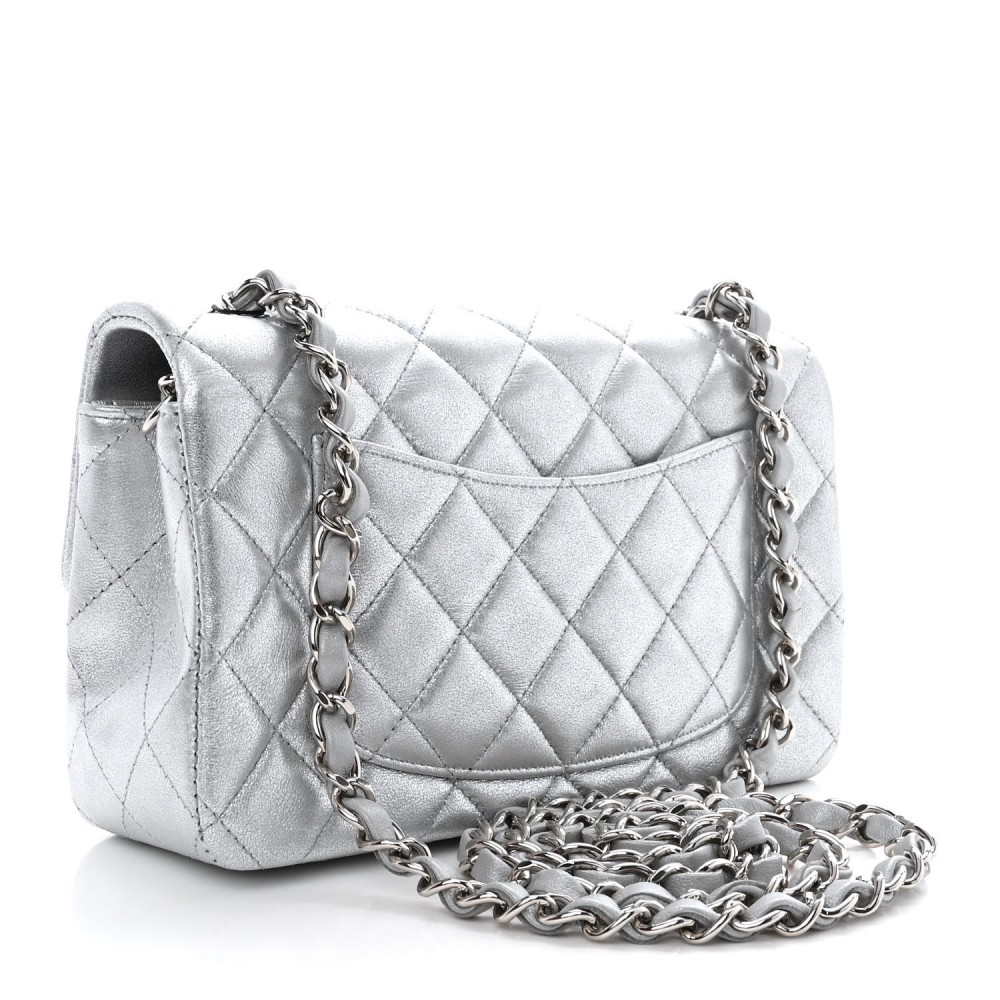 Metallic Lambskin Quilted Mini Rectangular Flap Silver