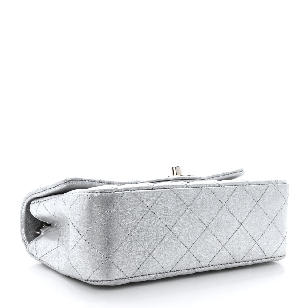 Metallic Lambskin Quilted Mini Rectangular Flap Silver