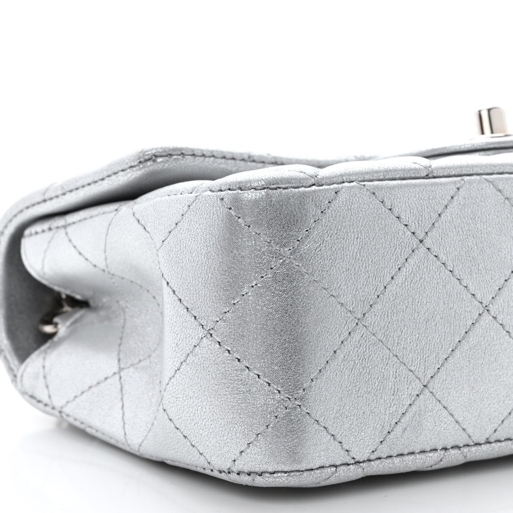 Metallic Lambskin Quilted Mini Rectangular Flap Silver