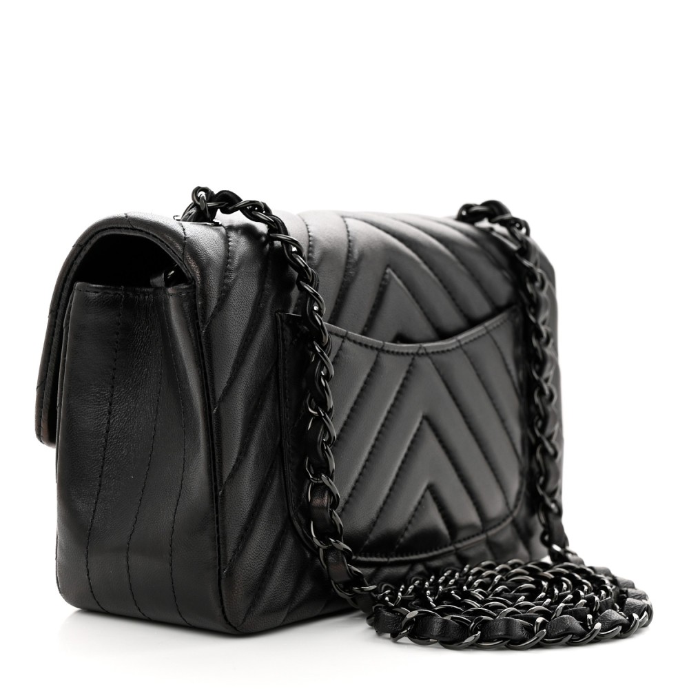 Lambskin Chevron Quilted Mini Rectangular Flap So Black