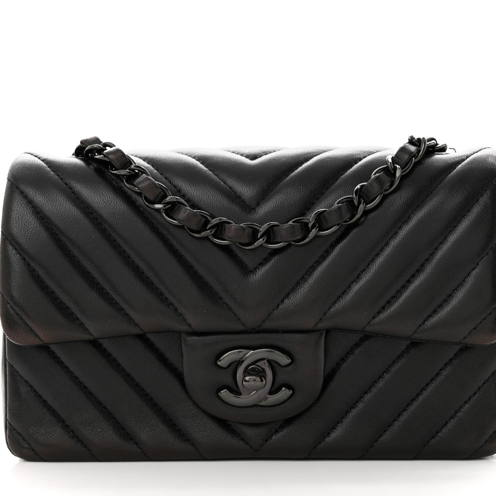 Lambskin Chevron Quilted Mini Rectangular Flap So Black