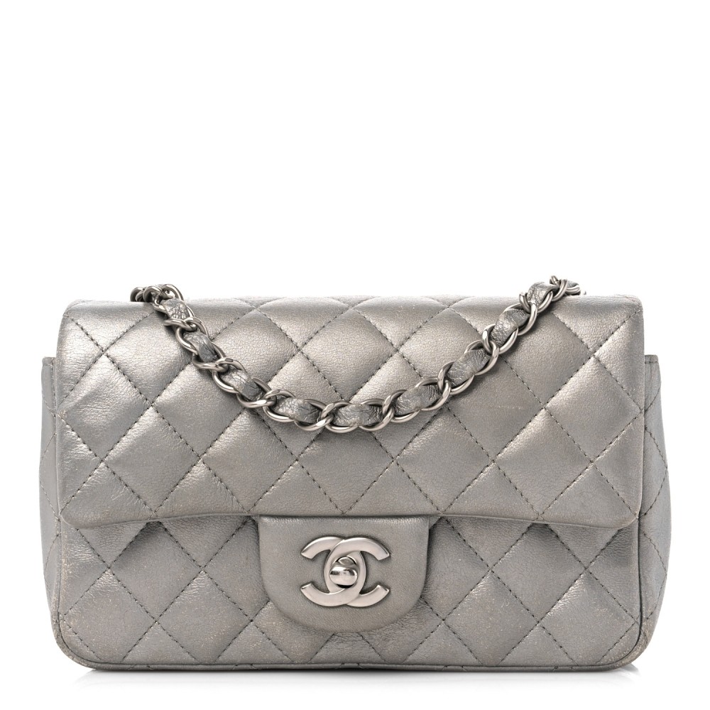 Metallic Calfskin Quilted Mini Rectangular Flap Ruthenium