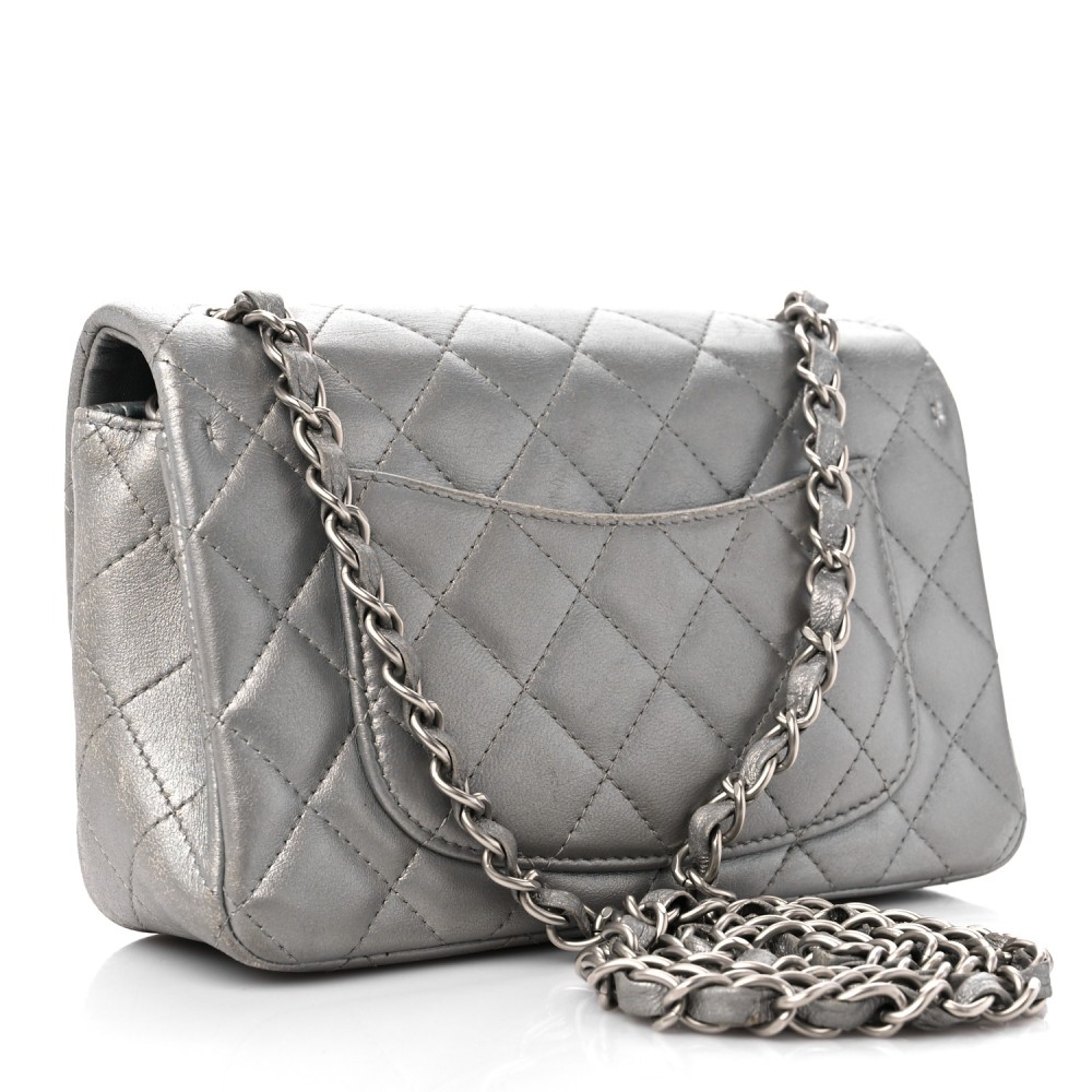 Metallic Calfskin Quilted Mini Rectangular Flap Ruthenium