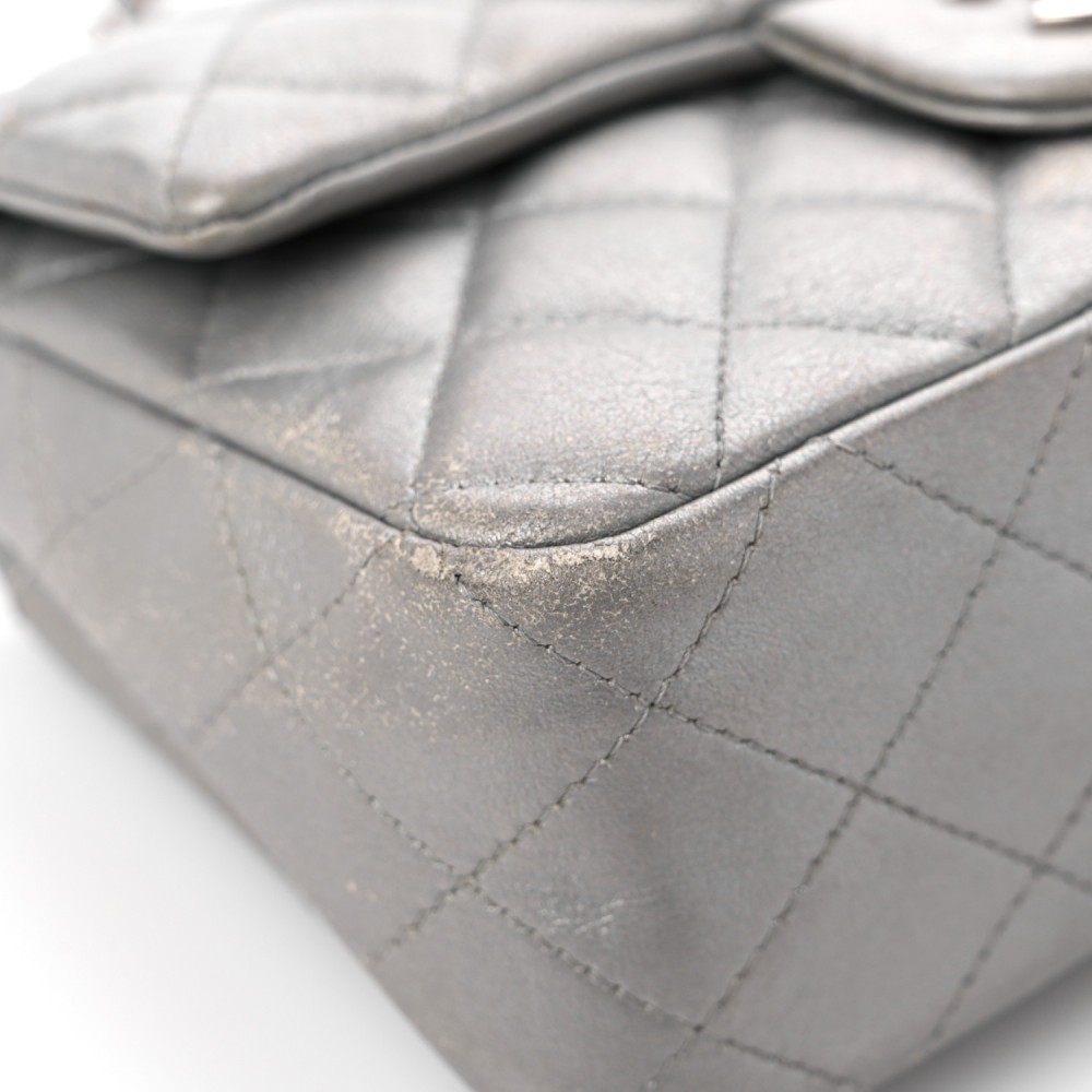 Metallic Calfskin Quilted Mini Rectangular Flap Ruthenium